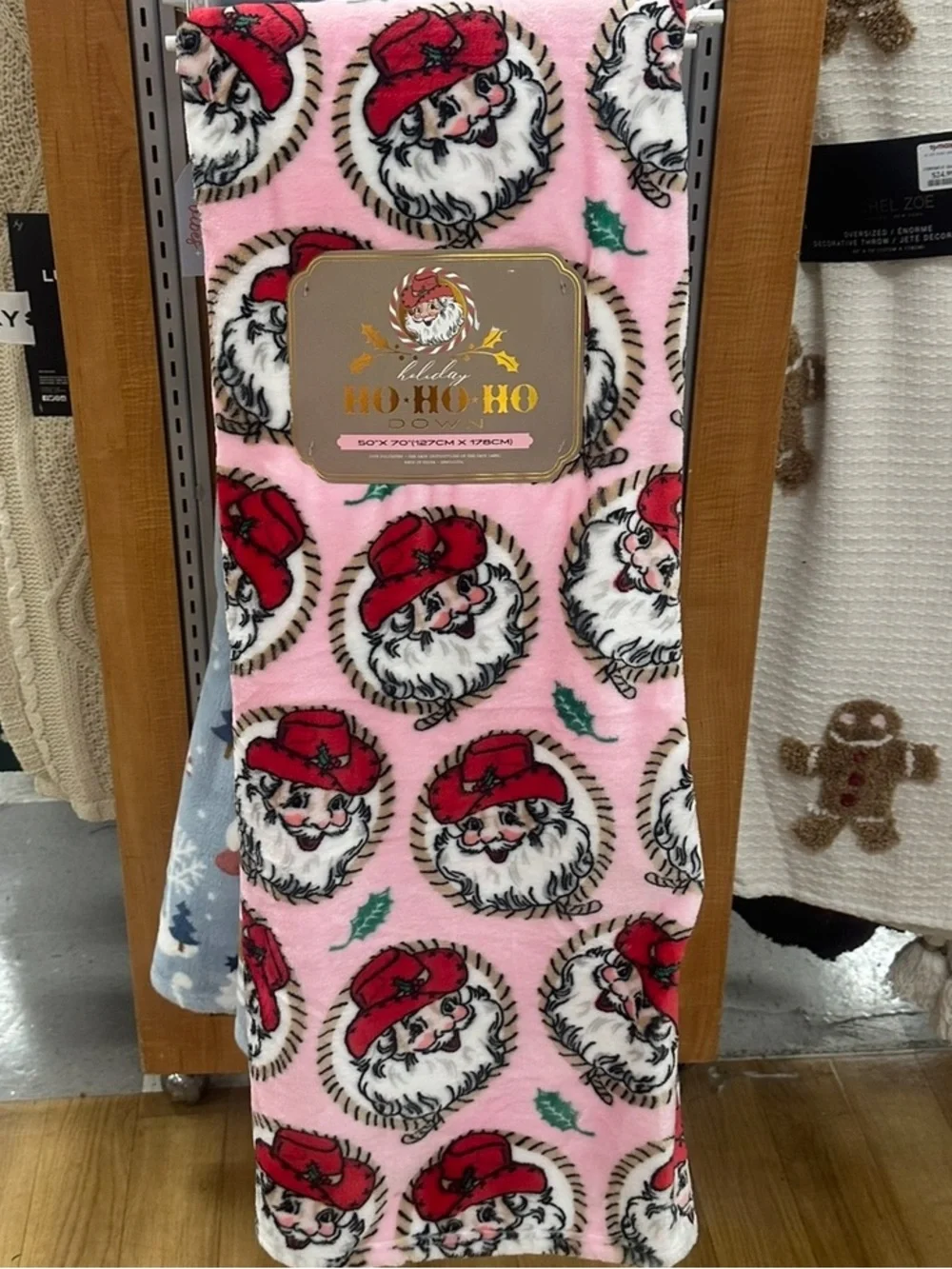 Holiday Pink Santa with Cowboy Hat Plush Throw Blanket